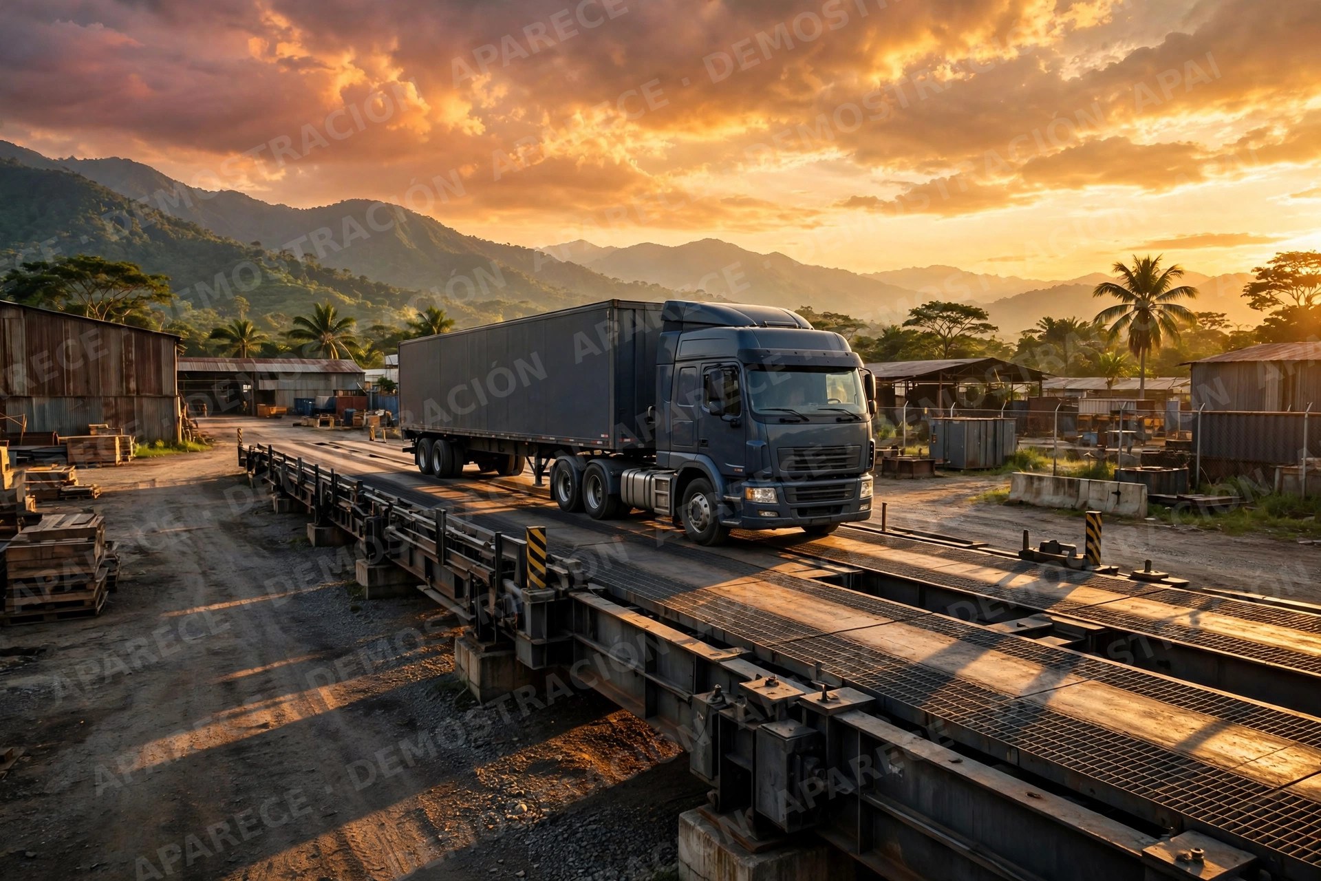 Camión sobre una báscula camionera al atardecer