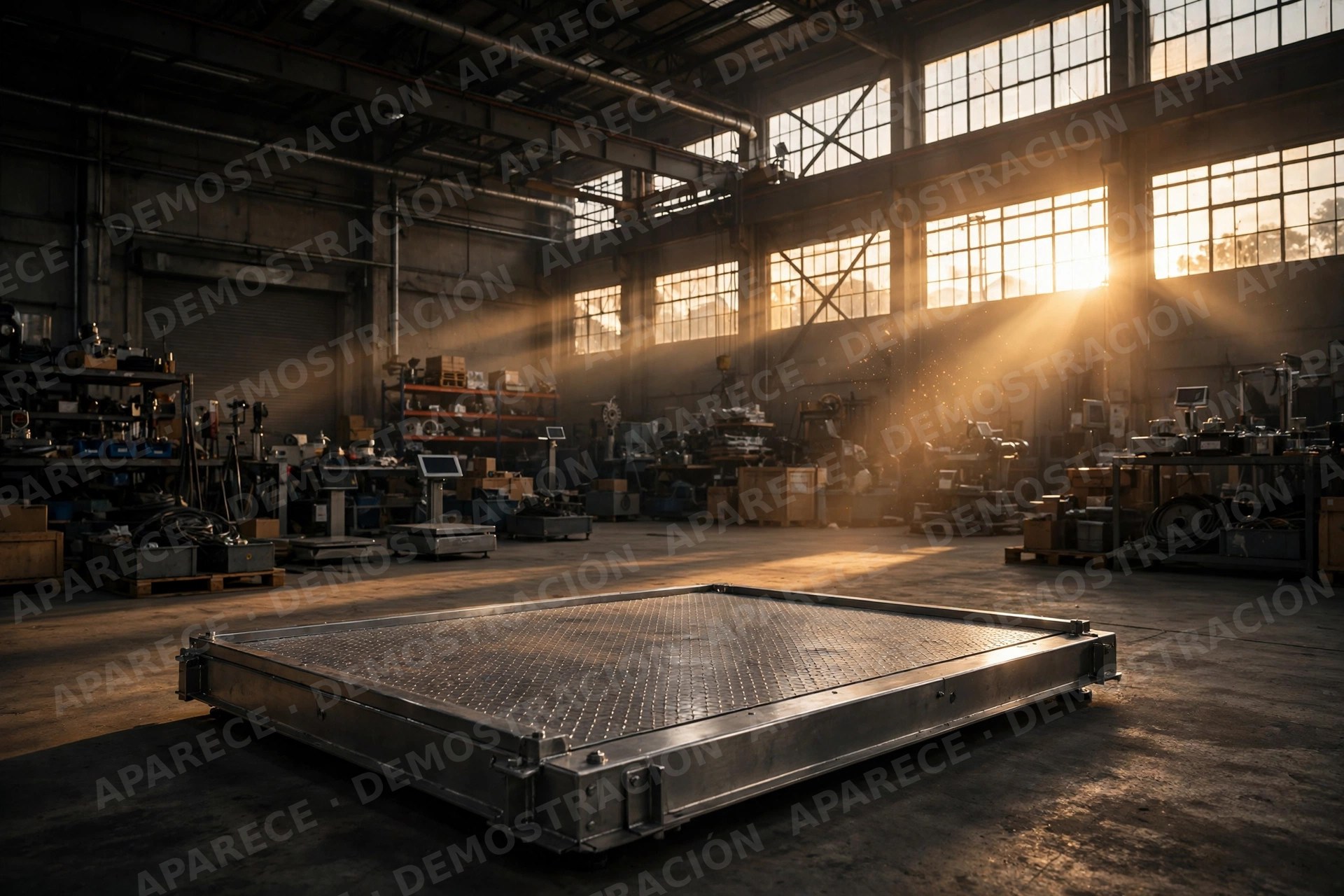 Báscula de plataforma industrial en una bodega a la luz dorada